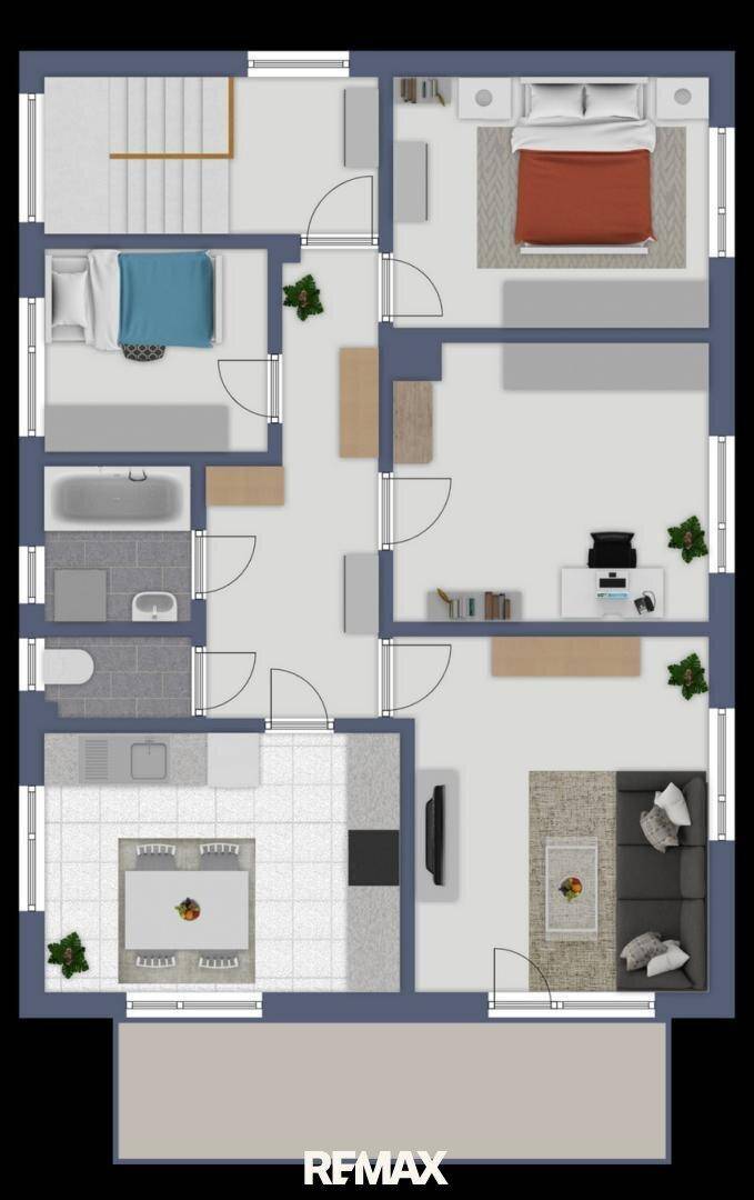 Grundriss einer Wohnung mit Schlafzimmern, Bad, Küche und offenem Wohnbereich.