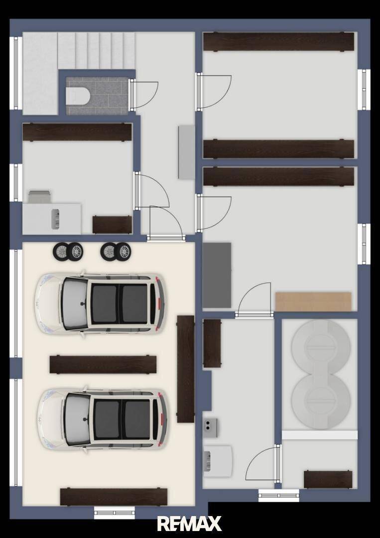 Grundriss des Untergeschosses mit Garage, Abstellraum und Technikraum.