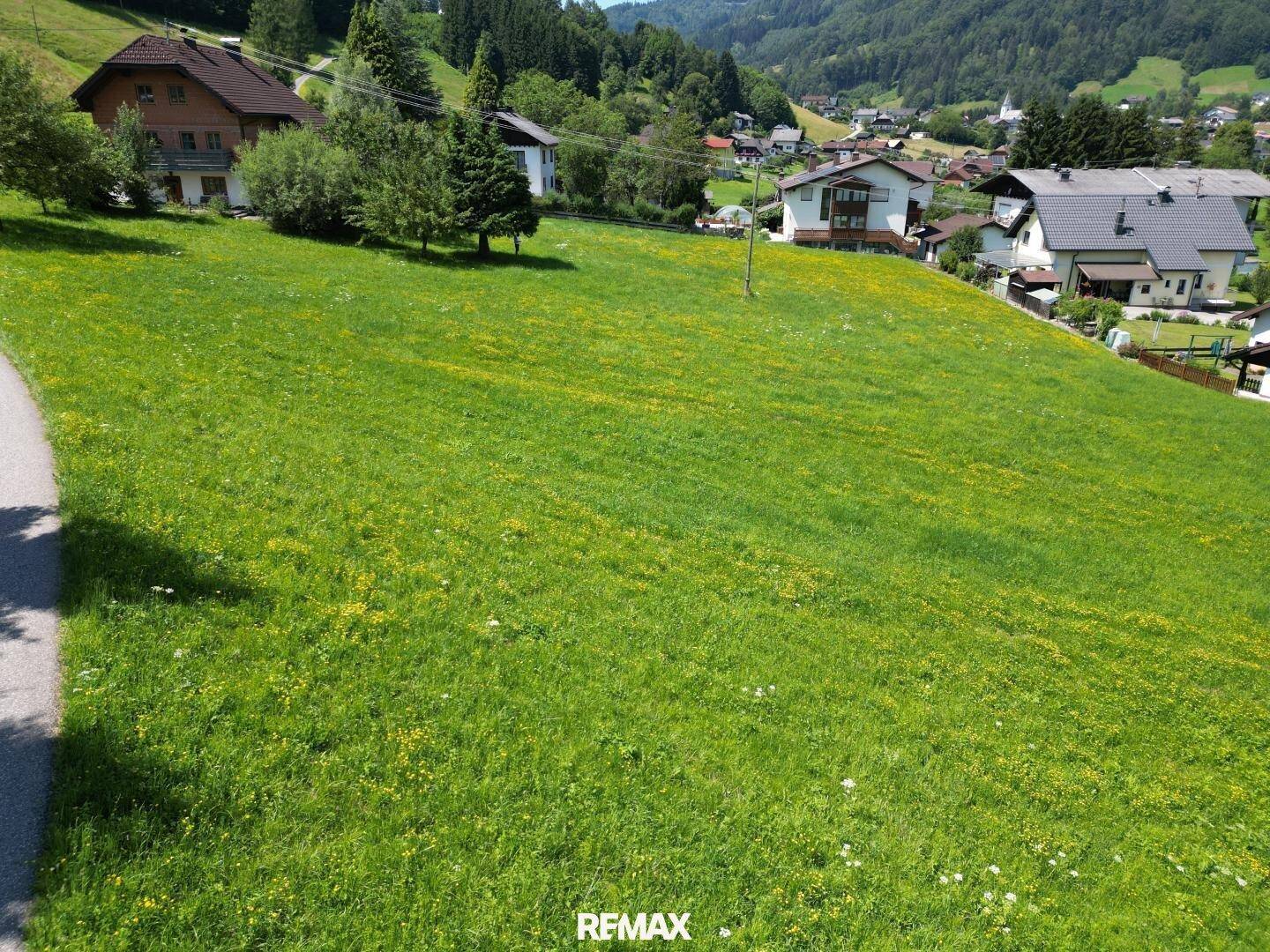 Weitläufiges grünes Grundstück mit Blick auf die umliegende Landschaft und Häuser.