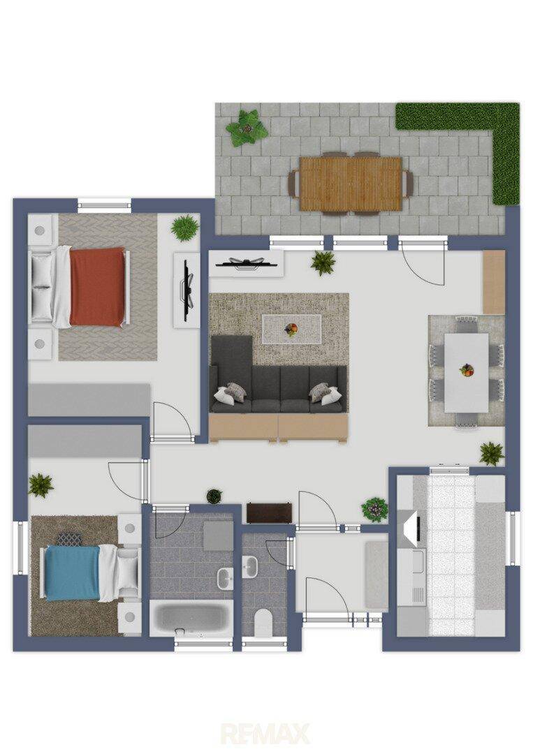 Grundriss einer Wohnung mit zwei Schlafzimmern, offenem Wohnbereich und einer großen Terrasse.