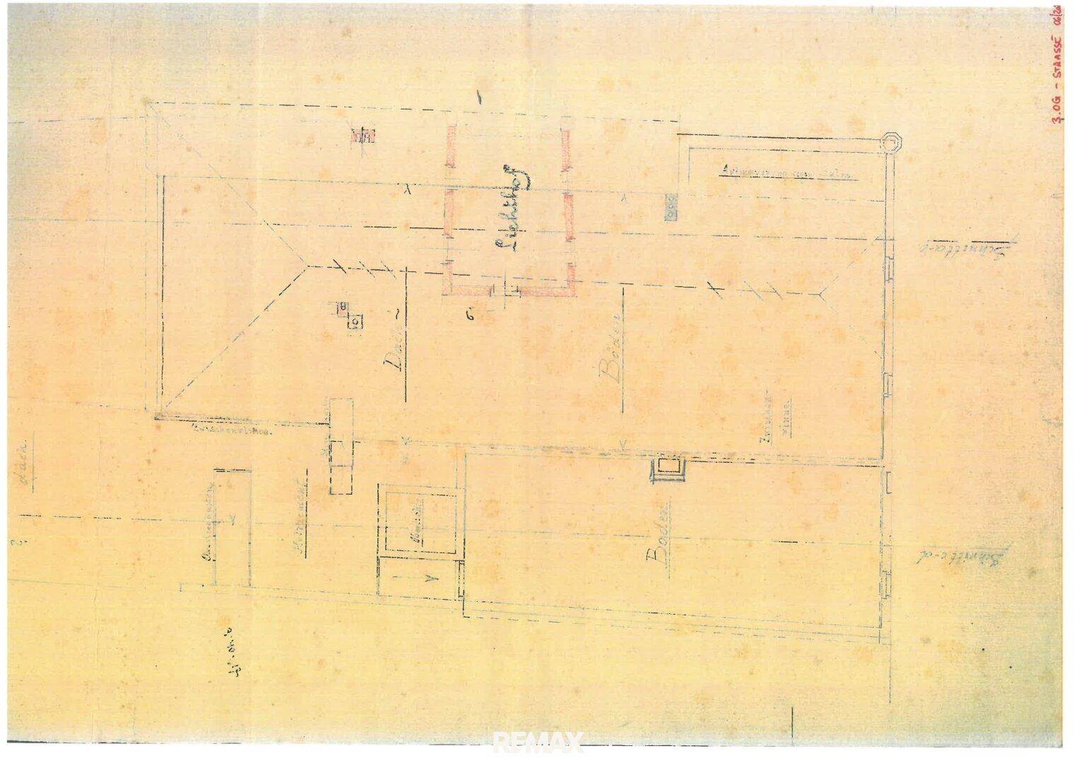 Historischer Grundriss, der die Dachstruktur und die Anordnung der oberen Etagen darstellt.