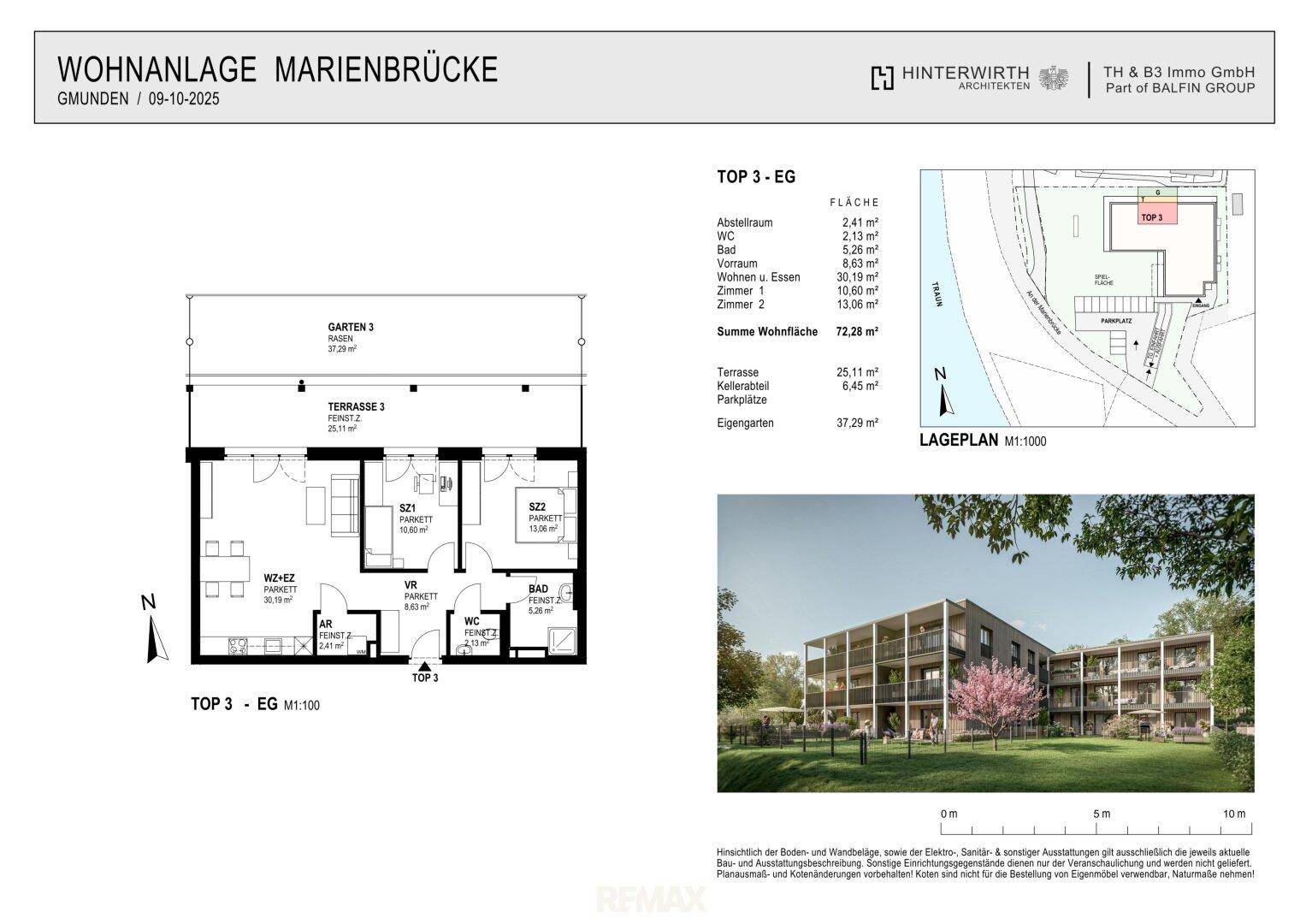 Grundriss mit Flächenangaben, Lageplan und Gebäudevisualisierung der Wohnanlage.