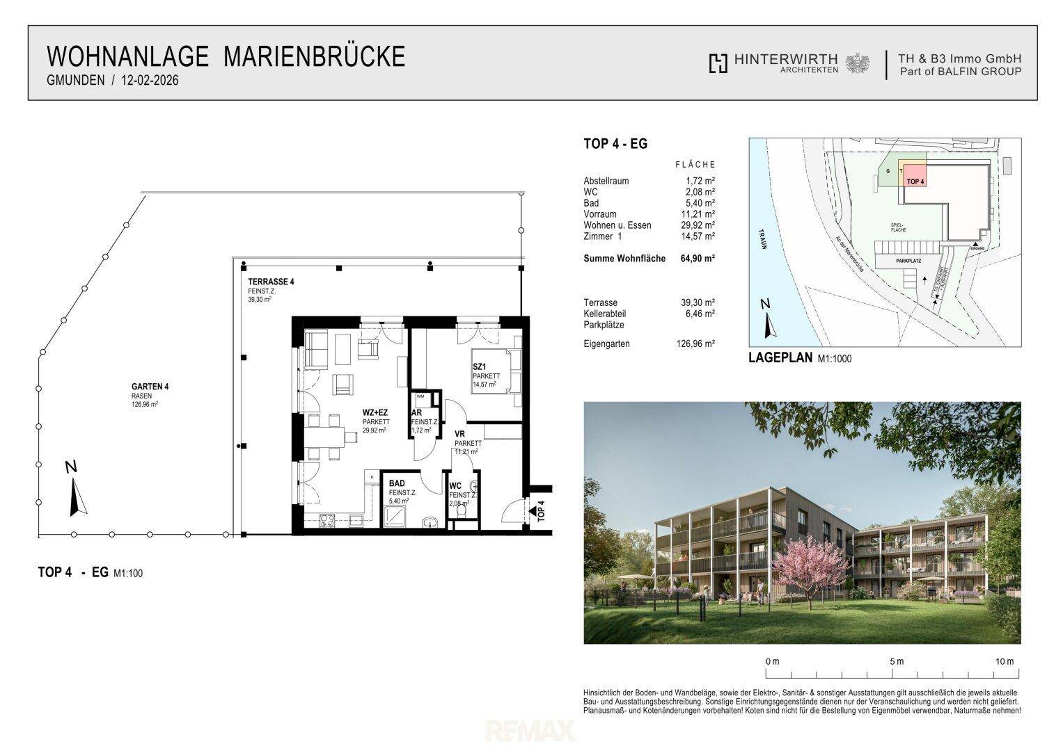 Grundriss einer Wohnung mit Terrasse, Garten und offenem Wohn-Essbereich, ergänzt durch eine Außenansicht.