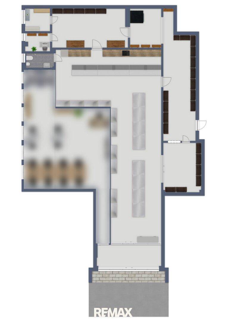 Grundriss eines großen Gewerberaums mit verschiedenen Zonen und Sanitäranlagen.