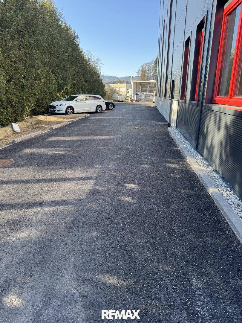 Gepflasterte Zufahrt entlang des Gebäudes mit parkenden Autos und einer hohen Hecke im Hintergrund.