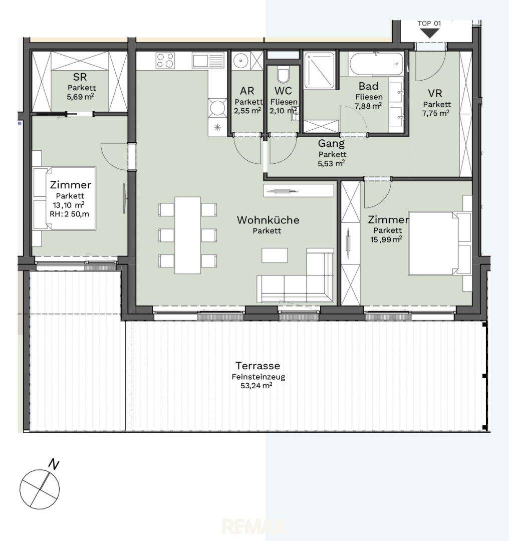 Detaillierter Grundriss einer Wohnung mit offener Wohnküche, zwei Zimmern und großer Terrasse.