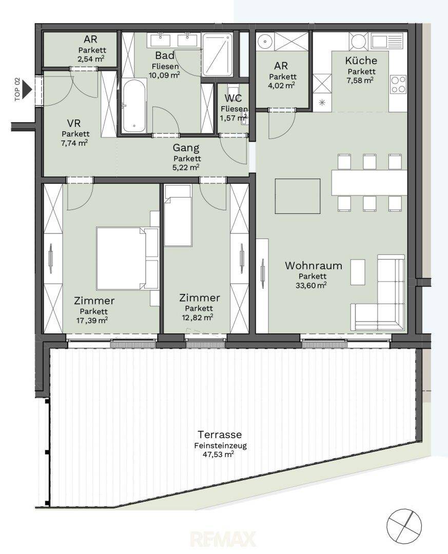 Grundriss einer Wohnung mit drei Zimmern, Bad, WC und großer Terrasse.