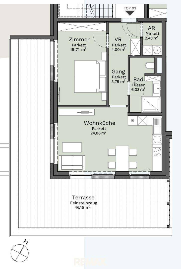 Grundriss einer Wohnung mit Wohnküche, Schlafzimmer, Bad und großer Terrasse.