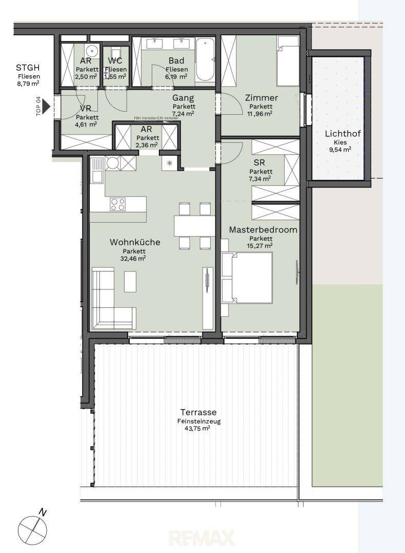 Grundriss einer Wohnung mit Wohnküche, Schlafzimmern und großer Terrasse.