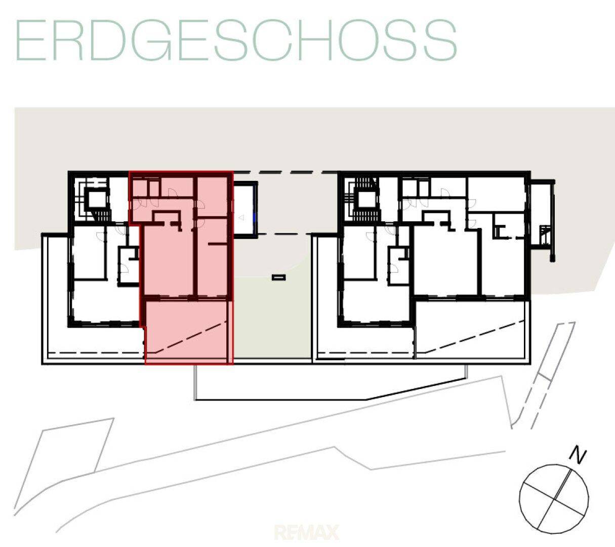 Grundriss des Erdgeschosses mit detaillierter Raumaufteilung und markiertem Bereich.