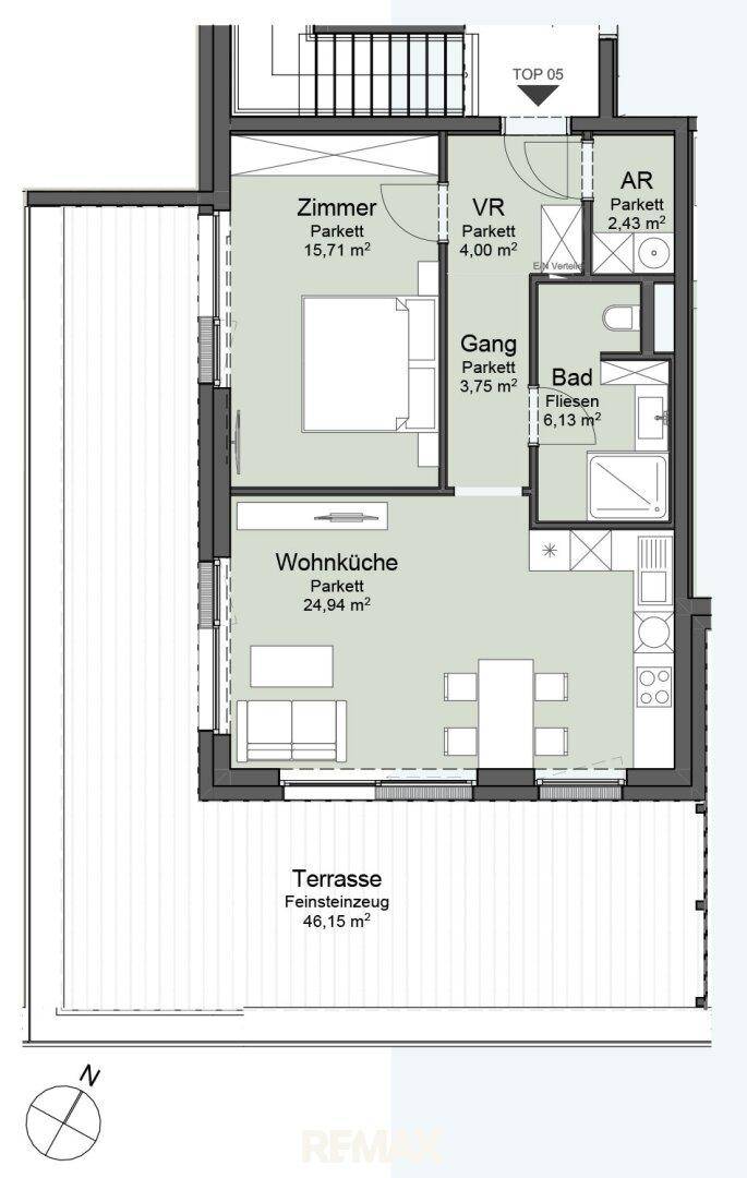 Grundriss einer Wohnung mit großer Terrasse, offener Wohnküche und Schlafzimmer.