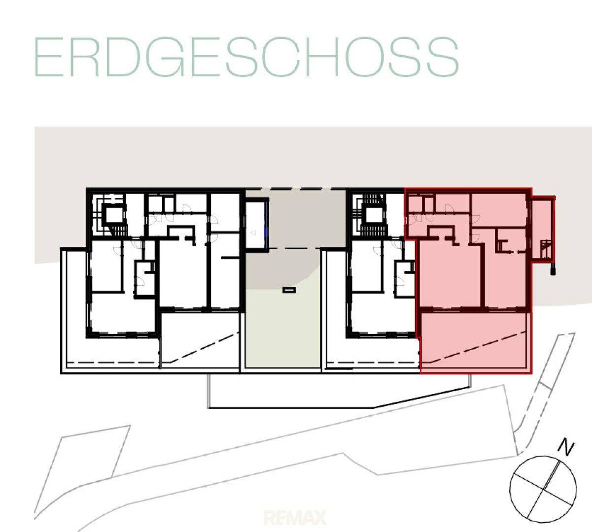 Grundriss des Erdgeschosses mit zwei Wohneinheiten, wobei eine Einheit rot hervorgehoben ist.