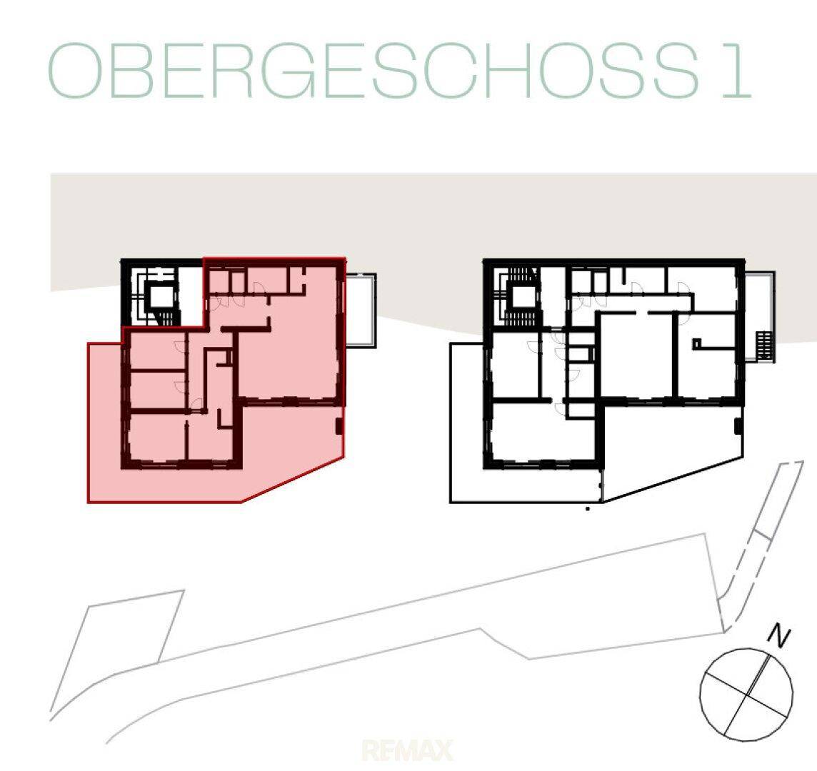 Grundriss für das Obergeschoss 1 mit zwei Wohnungslayouts, eines davon hervorgehoben.