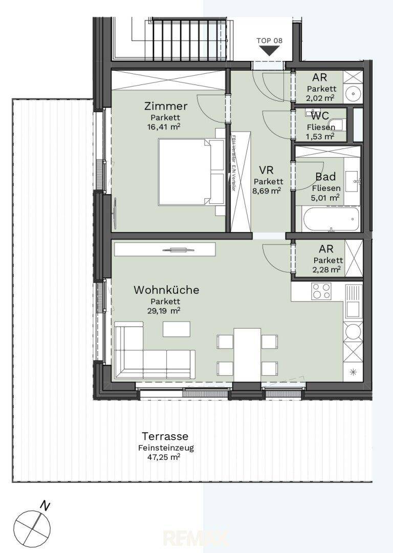 Detaillierter Grundriss einer Wohnung mit Wohnküche, Schlafzimmer und großer Terrasse.