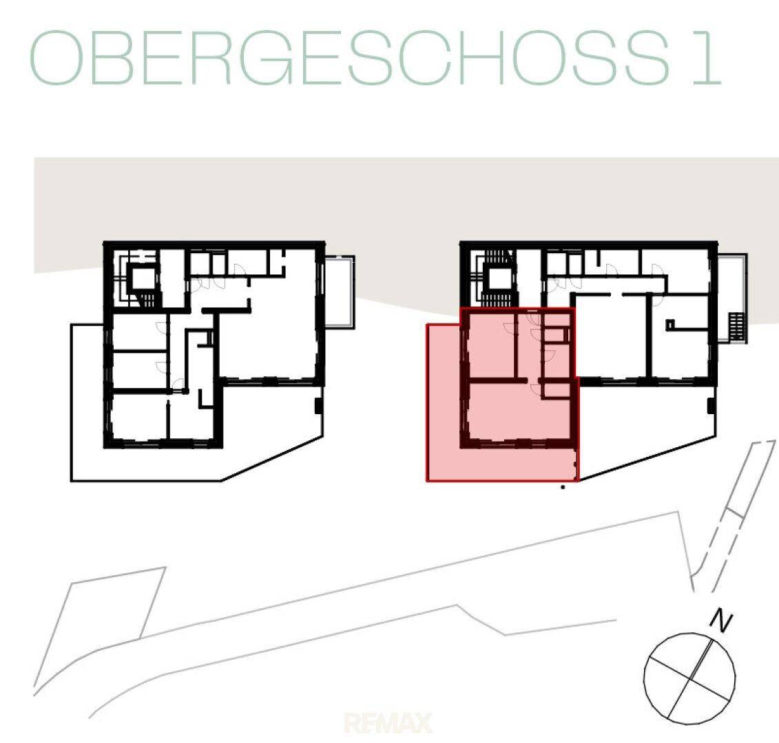 Grundriss des Obergeschosses mit zwei Wohneinheiten und Nordausrichtung.
