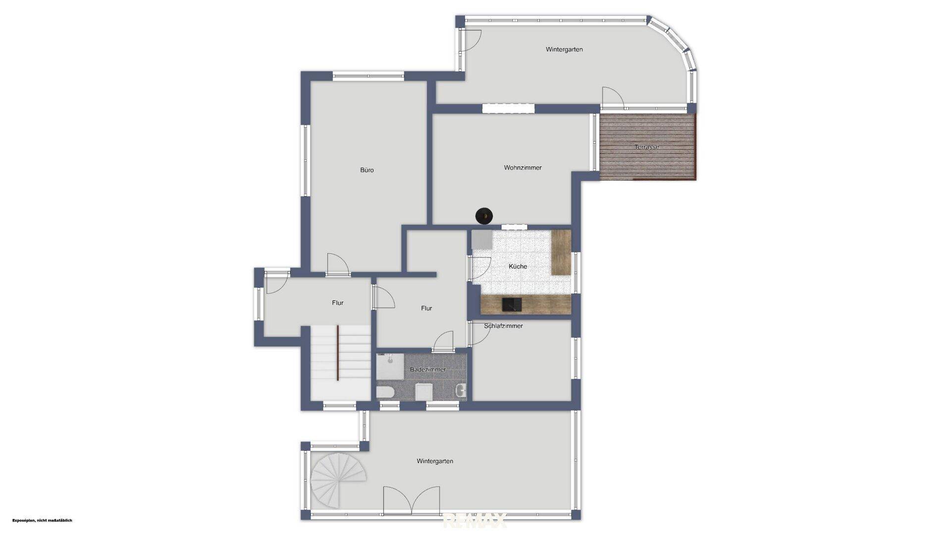 Grundriss des Erdgeschosses mit Wohnzimmer, Küche, Büro, zwei Wintergärten und Balkon.