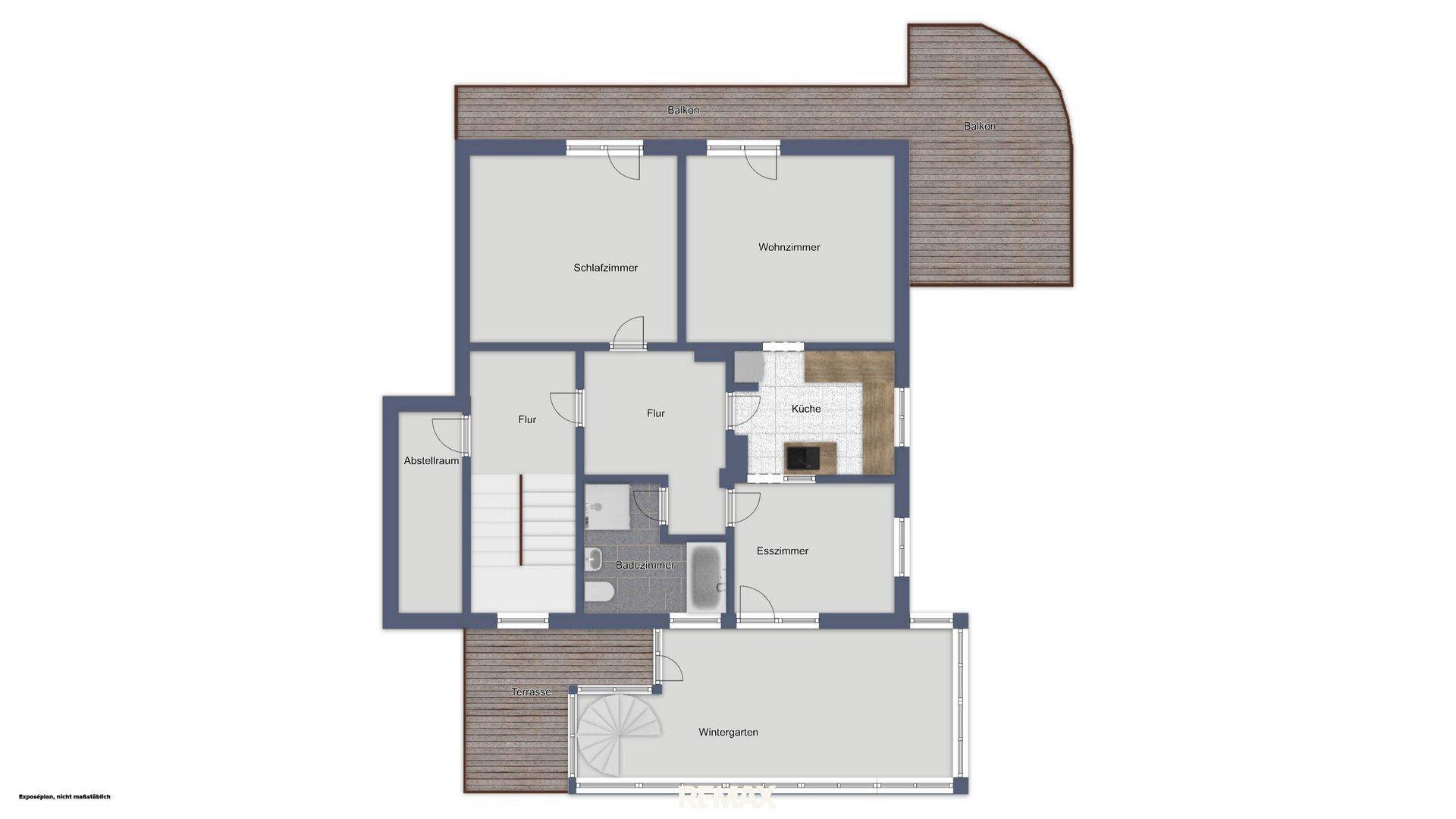 Grundriss des Obergeschosses mit Schlafzimmern, Wohnzimmer, Küche und Wintergarten.