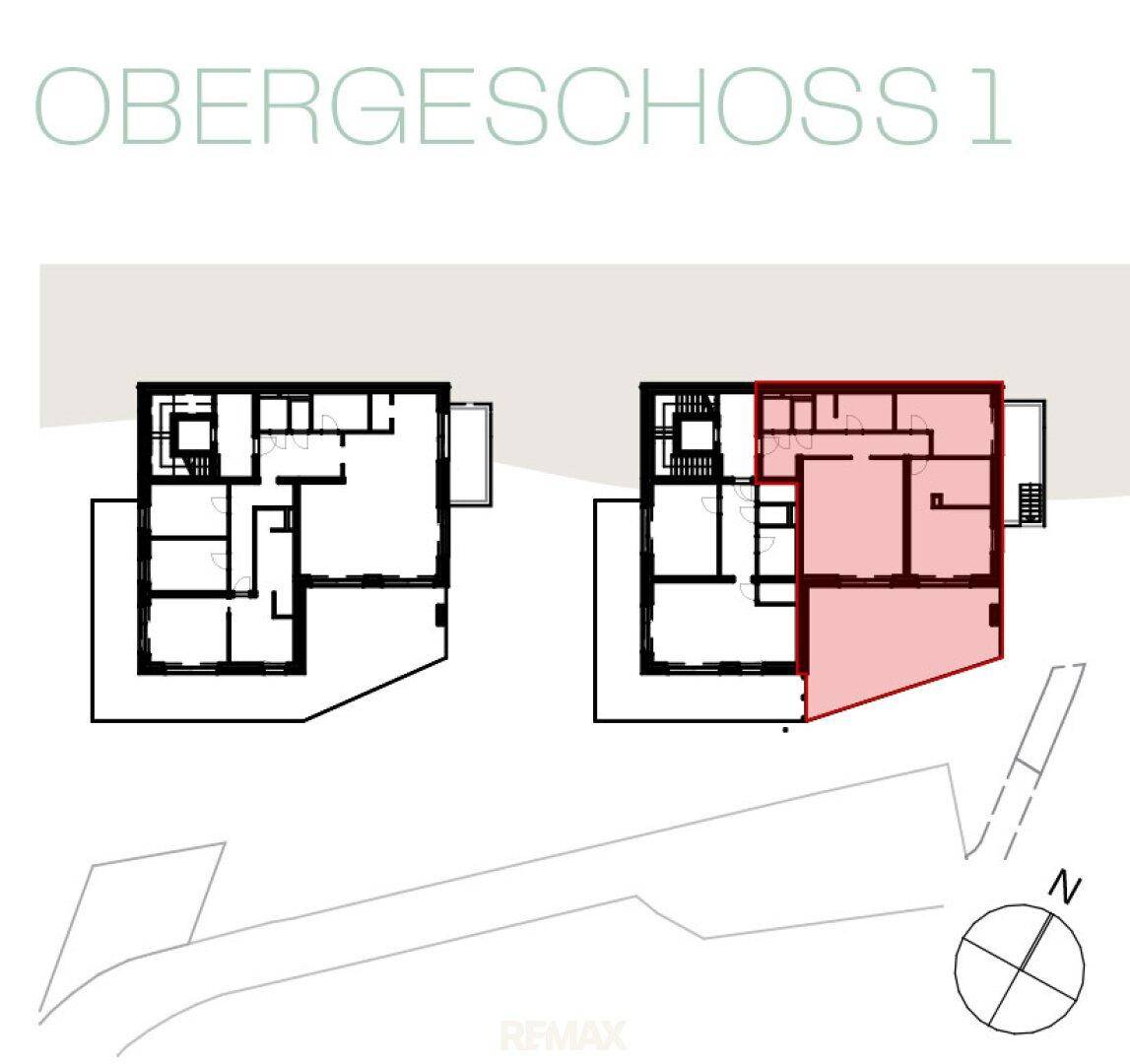 Grundrissdarstellung des ersten Obergeschosses mit zwei möglichen Layout-Optionen.