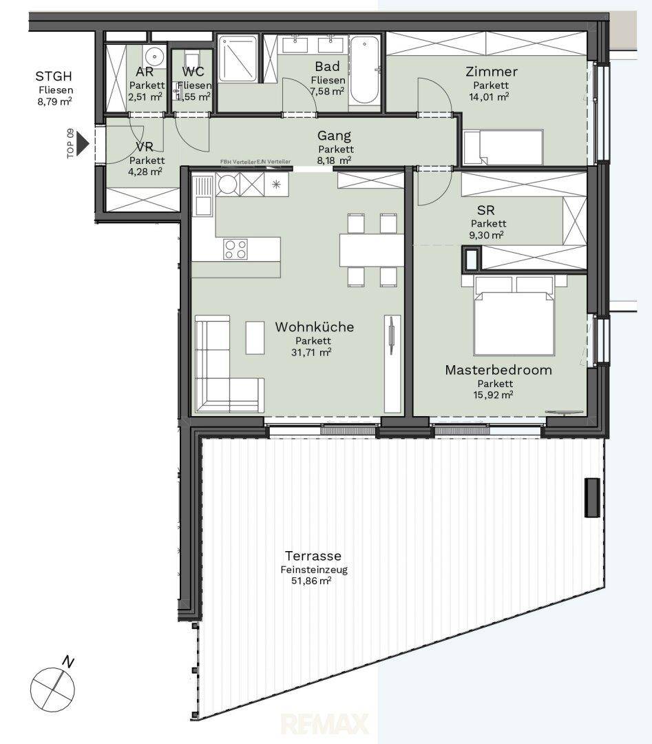 Detaillierter Grundriss einer Wohnung mit Wohnküche, Schlafzimmern und großer Terrasse.