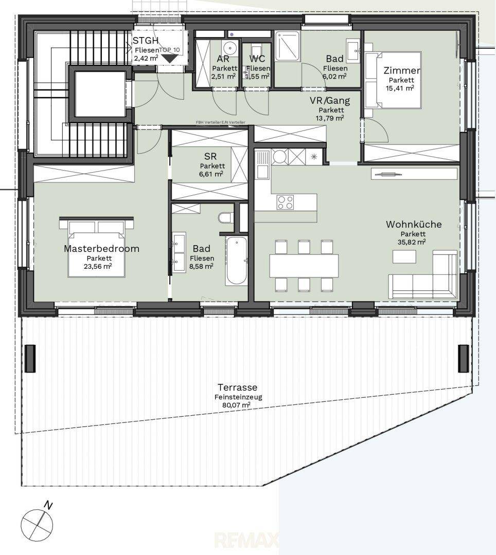 Grundriss mit offener Wohnküche, zwei Schlafzimmern, zwei Bädern und großer Terrasse.