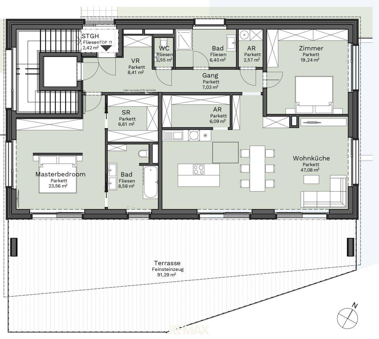 Detaillierter Grundriss einer Wohnung mit offener Wohnküche, zwei Bädern und großer Terrasse.