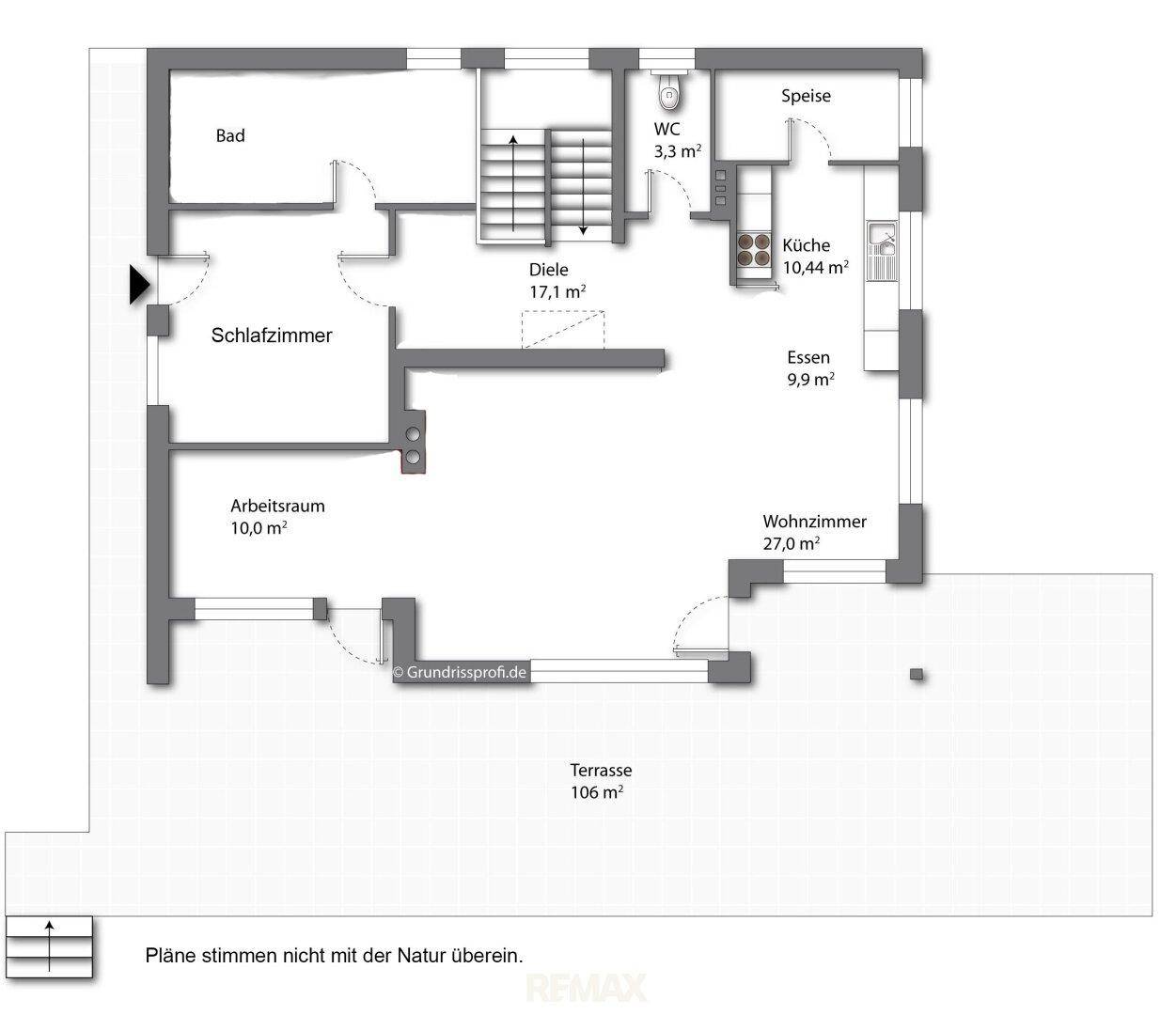 Grundrissplan mit Schlafzimmer, Arbeitsraum, Wohnzimmer, Küche und großer Terrasse von 106 m².