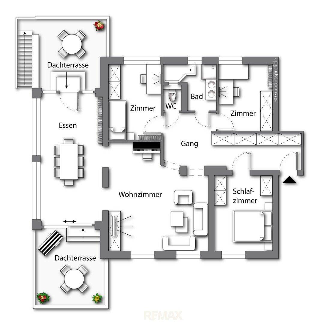 Detaillierter Grundriss mit zwei Dachterrassen, Wohnzimmer, Essbereich und drei Zimmern.
