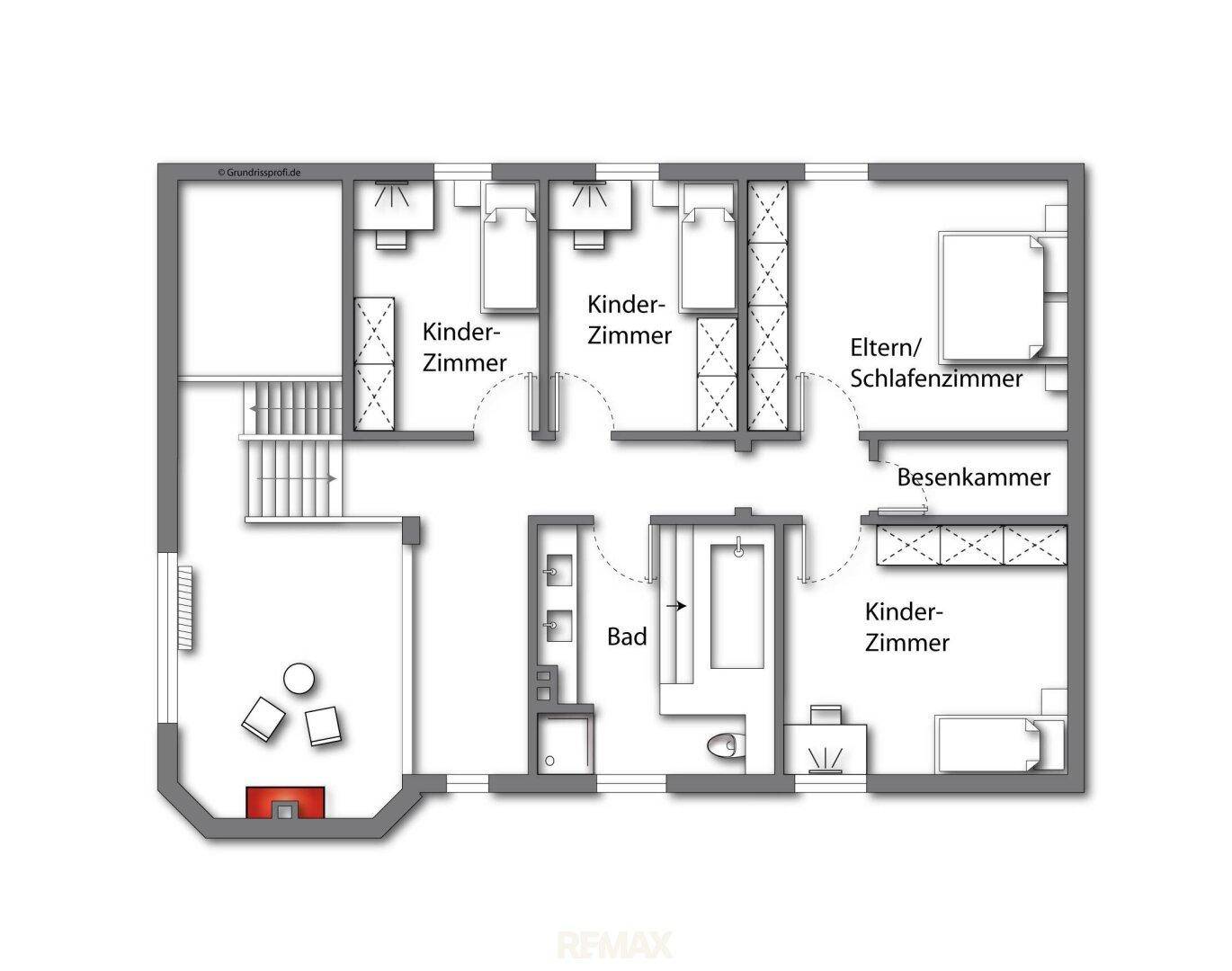 Grundriss des Obergeschosses mit drei Kinderzimmern, einem Elternschlafzimmer und einem Badezimmer.