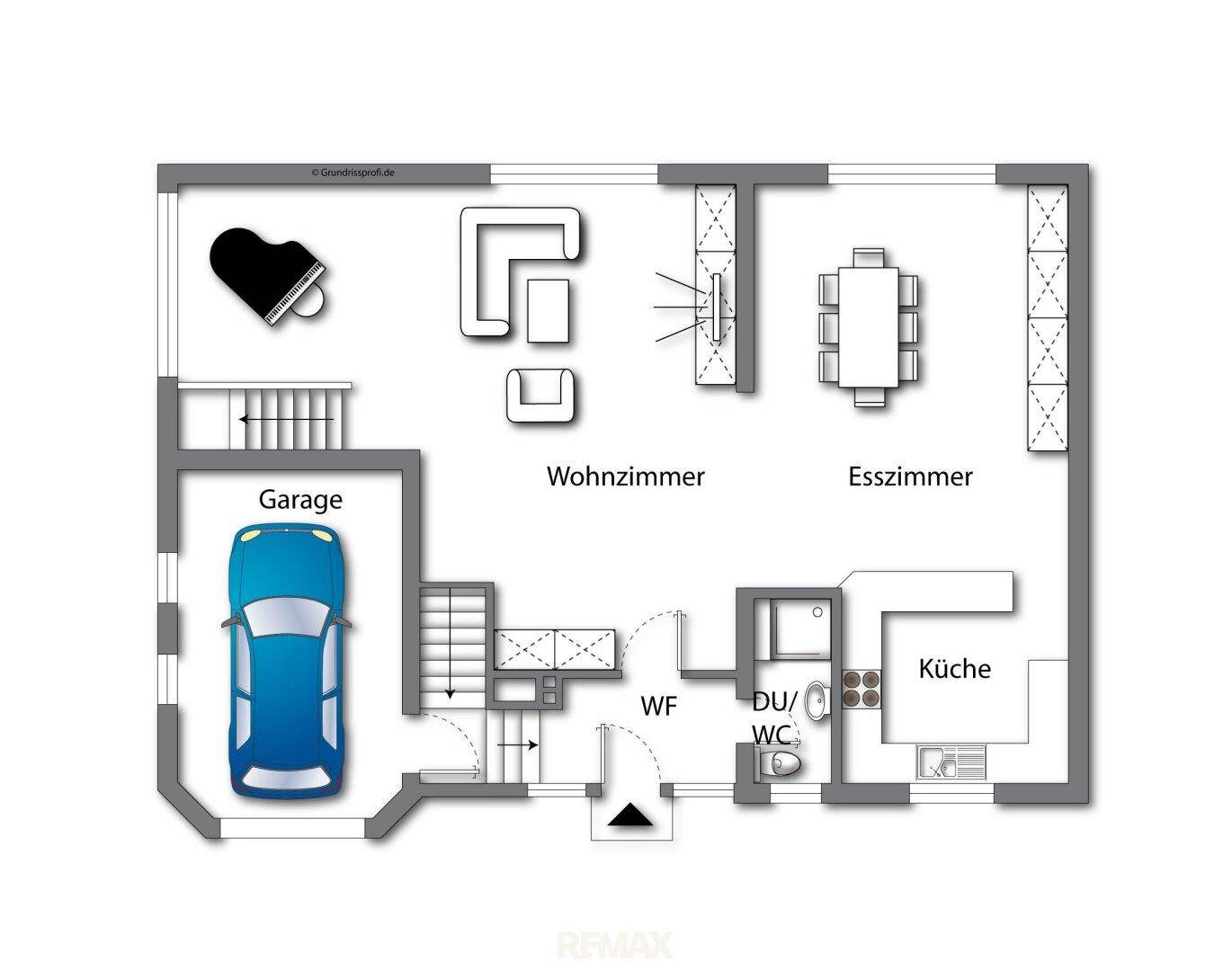 Grundriss des Erdgeschosses mit Wohnzimmer, Esszimmer, Küche, Garage und Gäste-WC.