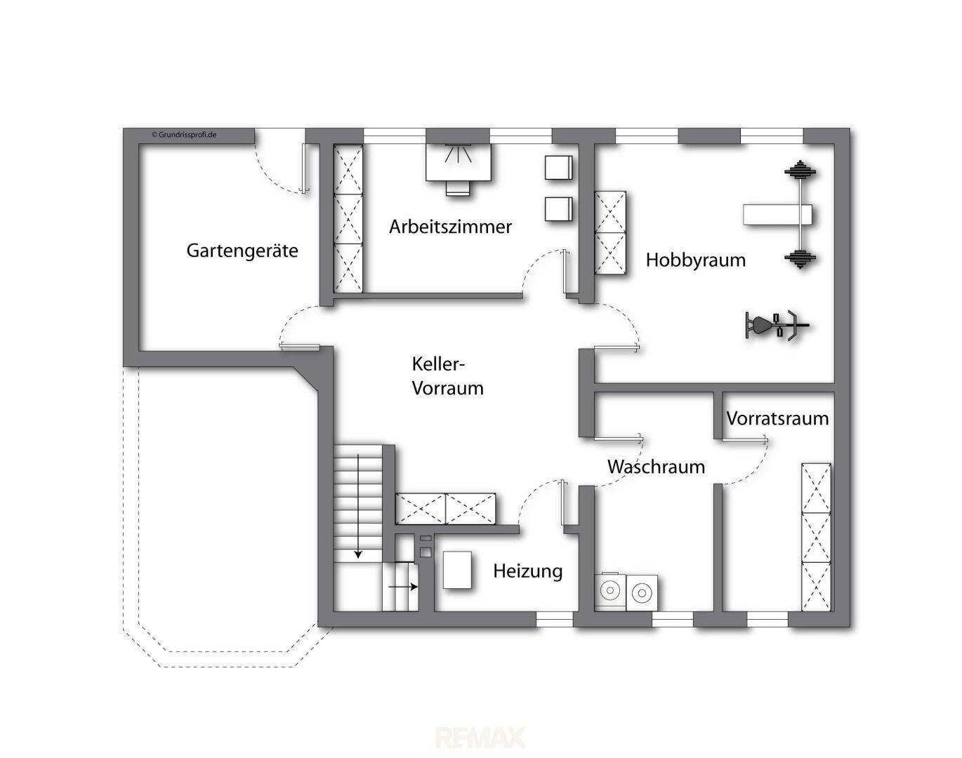Grundriss des Kellergeschosses mit Hobbyraum, Arbeitszimmer, Waschraum und Lagerräumen.