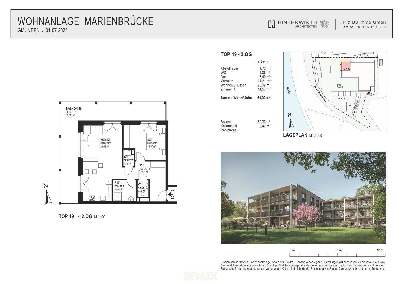 Grundriss einer Wohnung mit offenem Wohnbereich, Balkon und zwei Bädern, ergänzt durch Lageplan und Visualisierung.