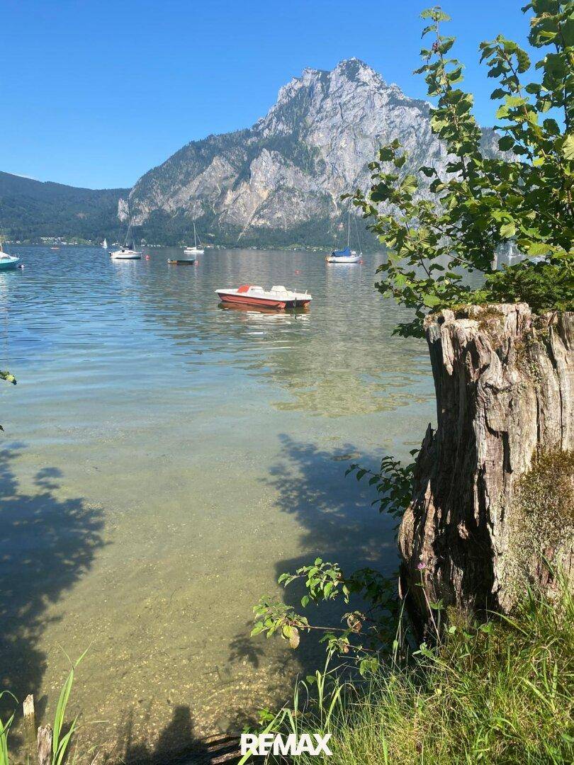 Sonniger Blick auf den klaren See mit Segelbooten und einem Ruderboot, umrahmt von üppigem Grün.