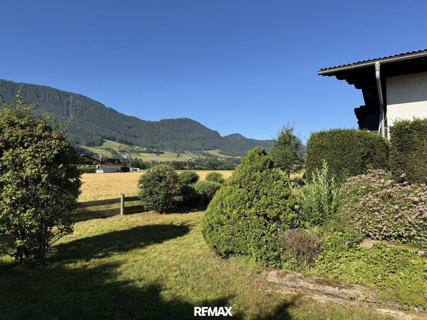 Gepflegter Gartenbereich mit Hecken und Sträuchern, angrenzend an ein Feld mit Bergblick.