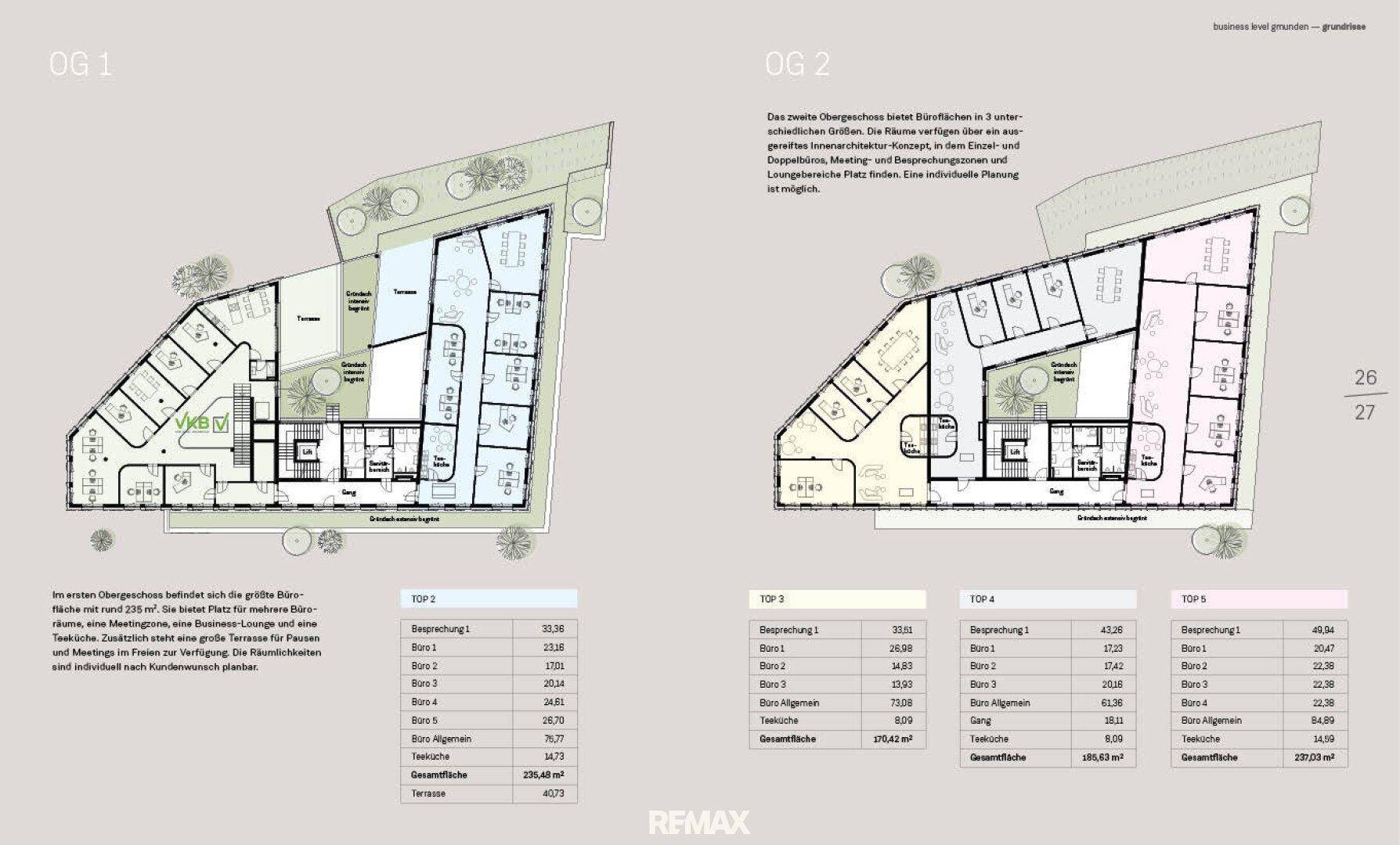 Grundrisspläne für das erste und zweite Obergeschoss mit Büroräumen und Terrassenbereichen.
