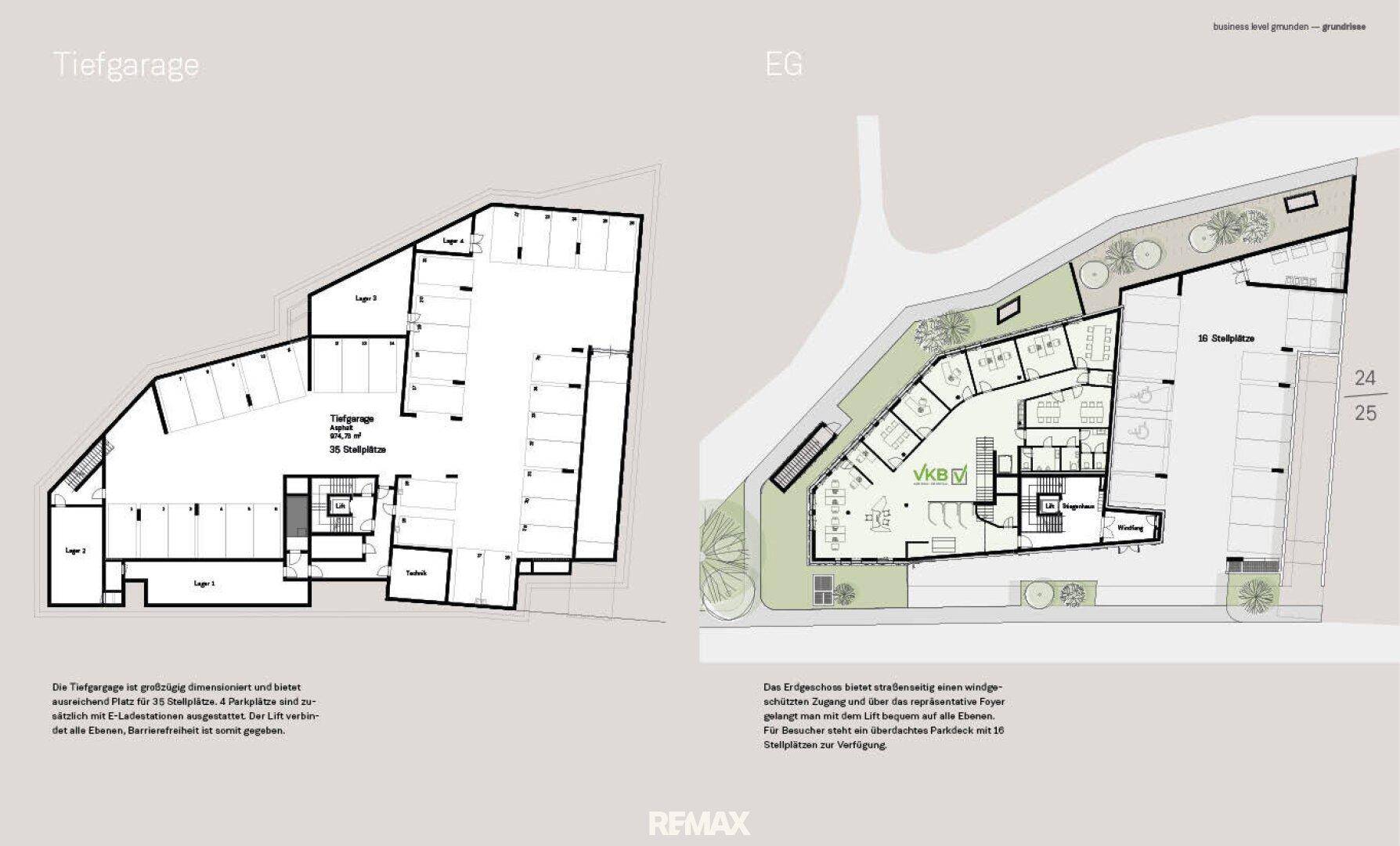 Grundrisspläne der Tiefgarage und des Erdgeschosses mit Parkplätzen und Büroeinheiten.