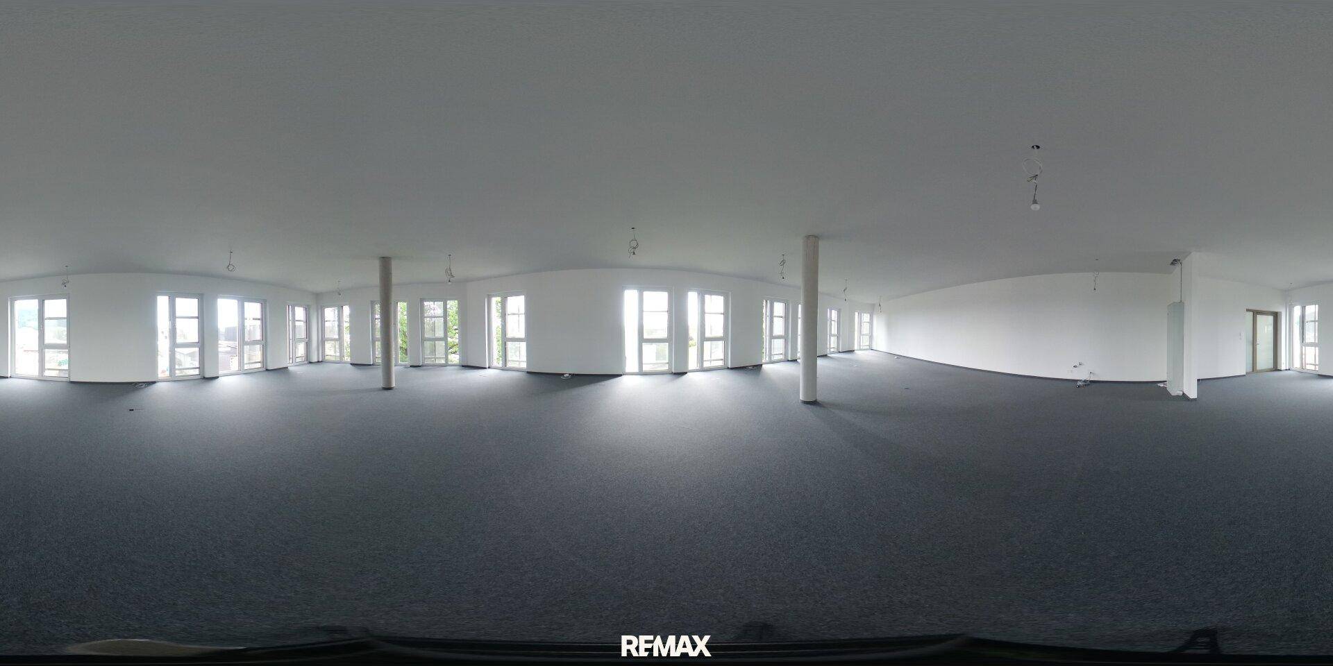 Großer, offener Büroraum mit vielen Fenstern, Teppichboden und viel Tageslicht.