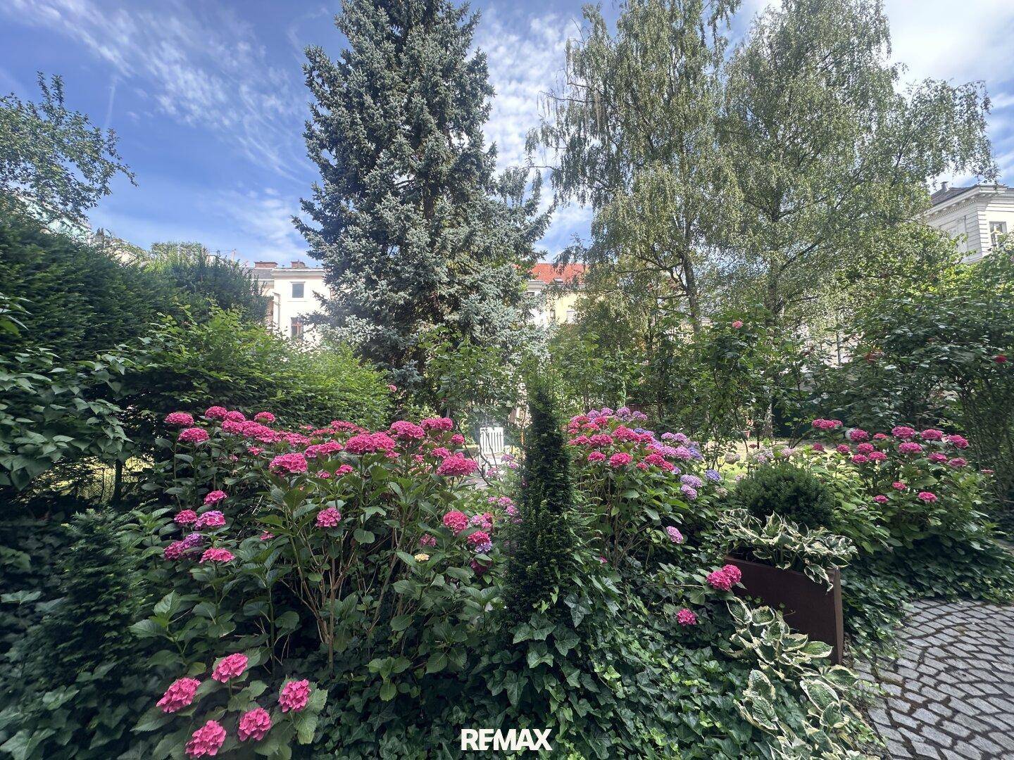 Üppiger Garten mit blühenden pinken Hortensien und vielfältiger Bepflanzung unter blauem Himmel.