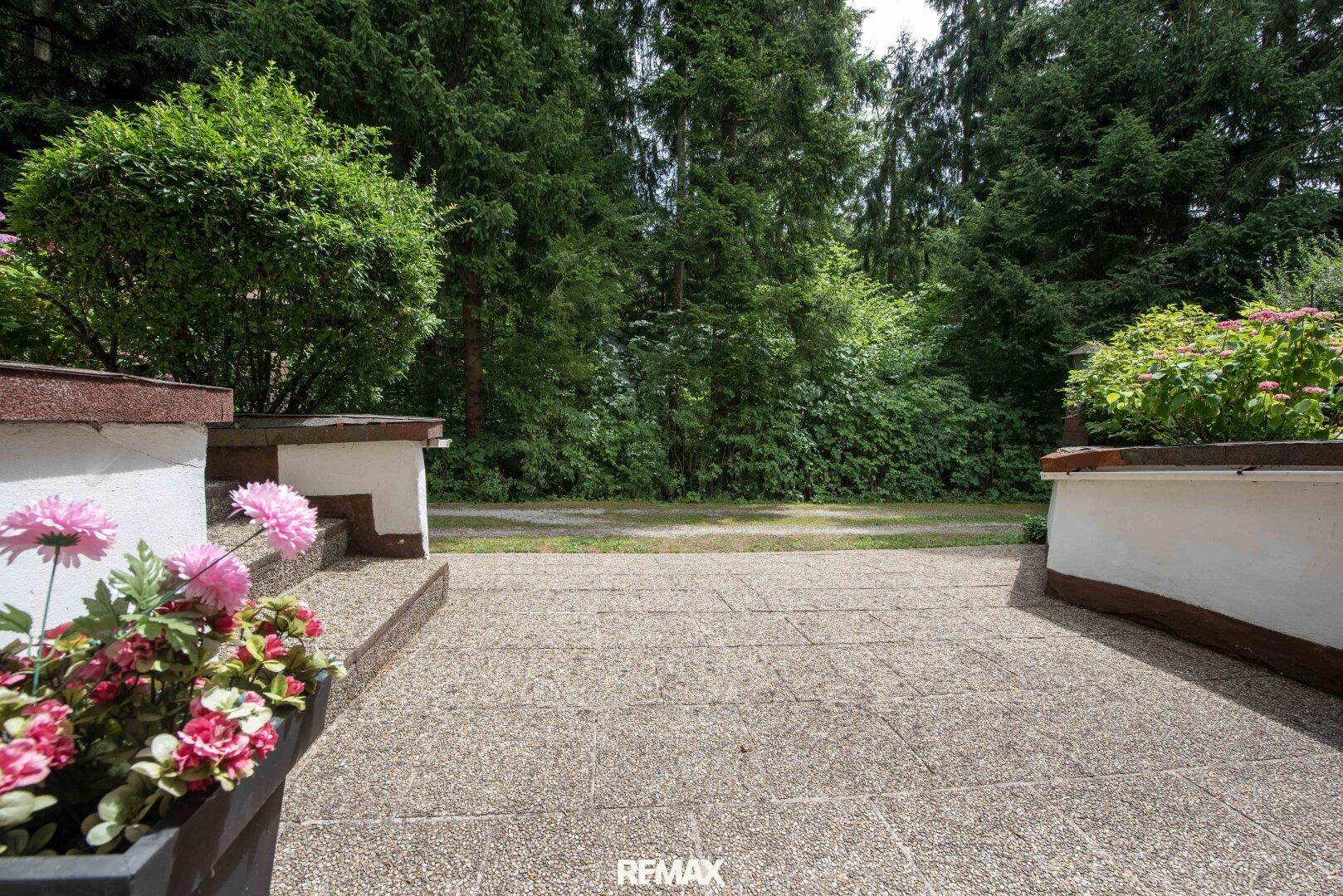 Gepflasterter Vorplatz mit Blumenkübeln und Blick auf die umgebende Natur.