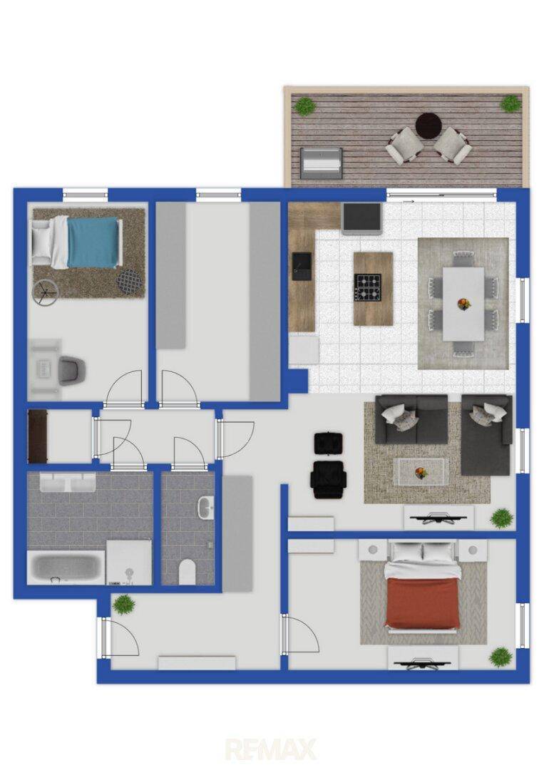 Detaillierter Grundriss einer Wohnung mit offener Küche, zwei Schlafzimmern und Balkon.