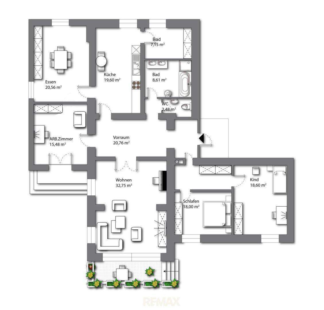 Detaillierter Grundriss einer Wohnung mit mehreren Schlafzimmern, zwei Bädern und einer Terrasse.
