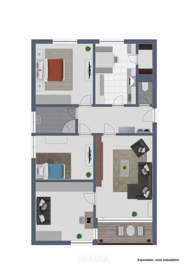 Grundriss einer Wohnung mit drei Schlafzimmern, Wohnbereich und Balkon.