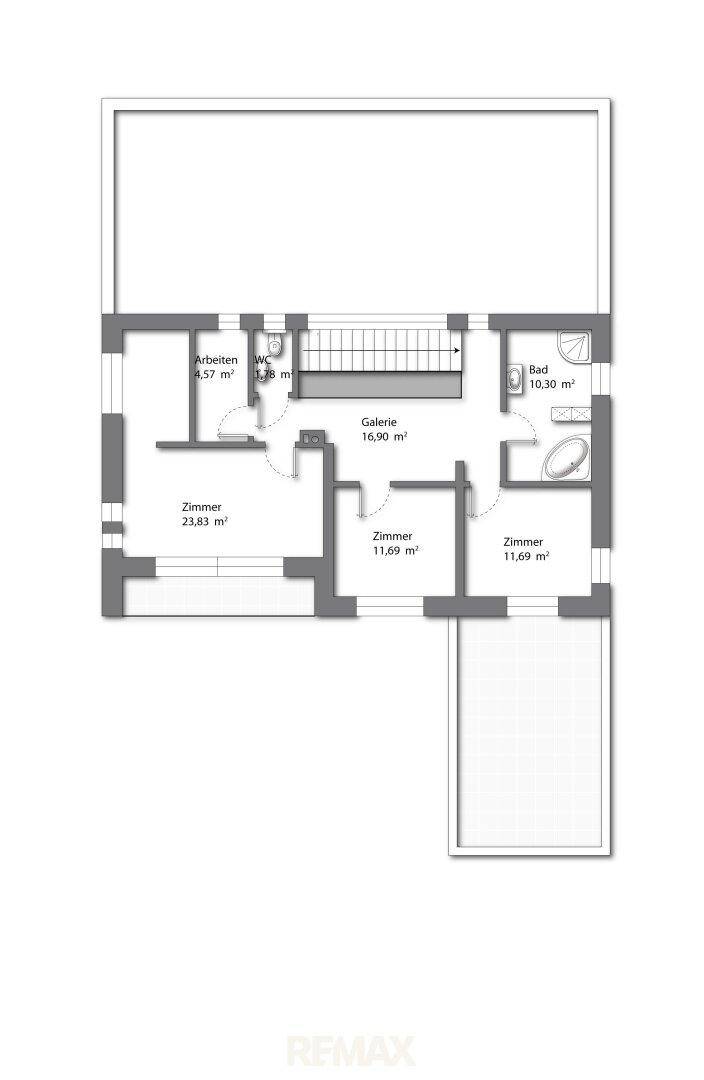 Grundriss des Obergeschosses mit mehreren Zimmern, Badezimmer und einer Galerie.