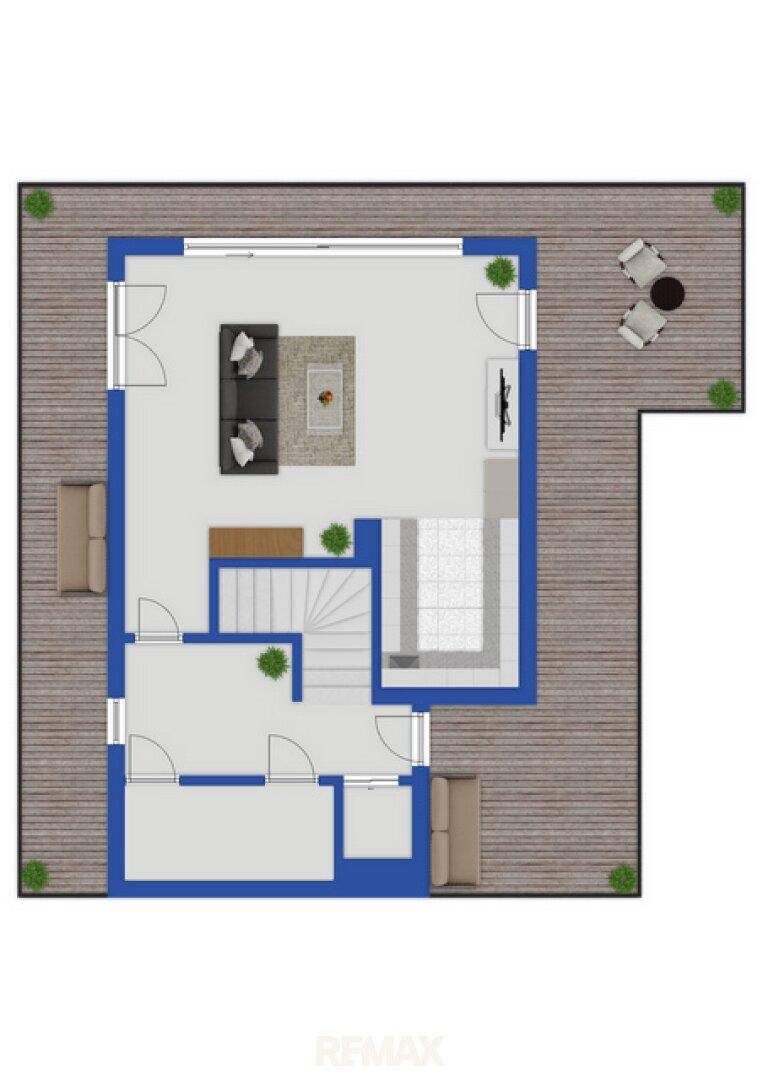 Grundriss des Dachgeschosses mit Wohnbereich und großer Dachterrasse.