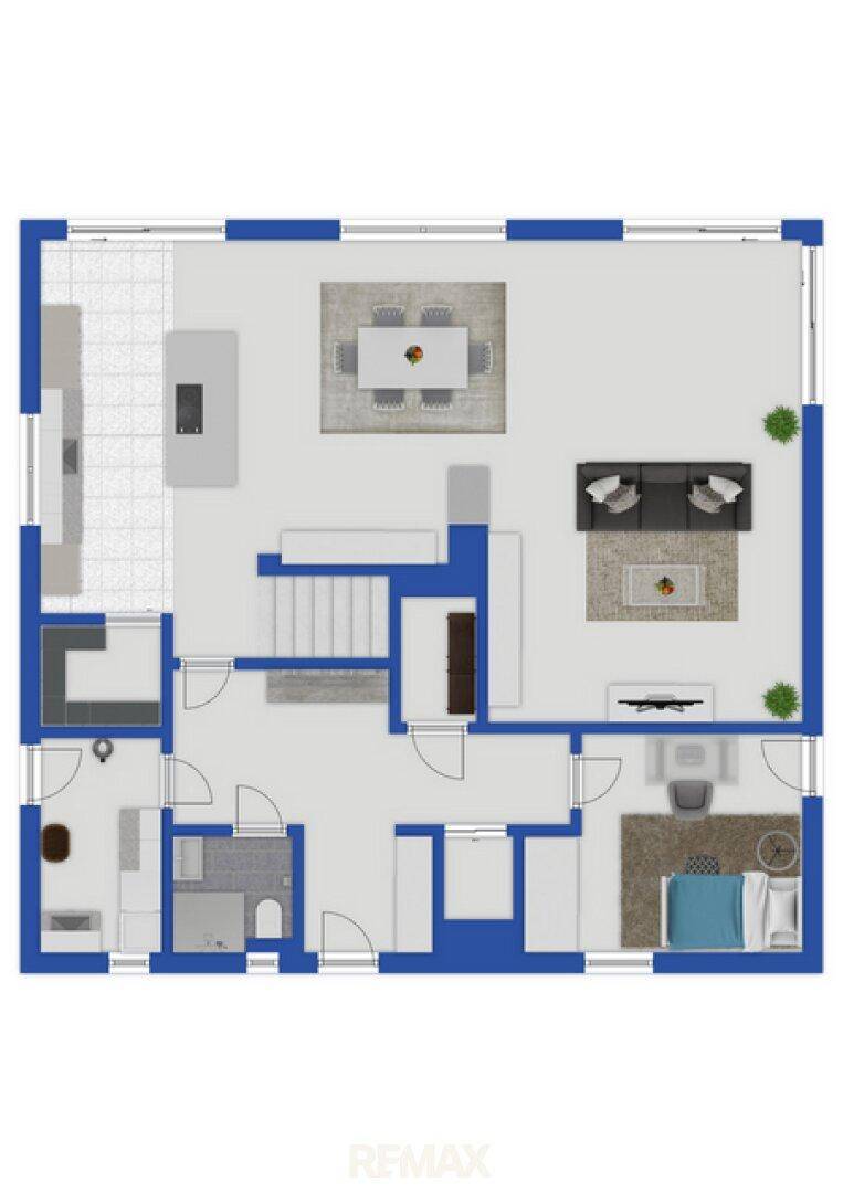 Grundriss des Erdgeschosses mit offener Küche, Ess- und Wohnbereich sowie einem Schlafzimmer.