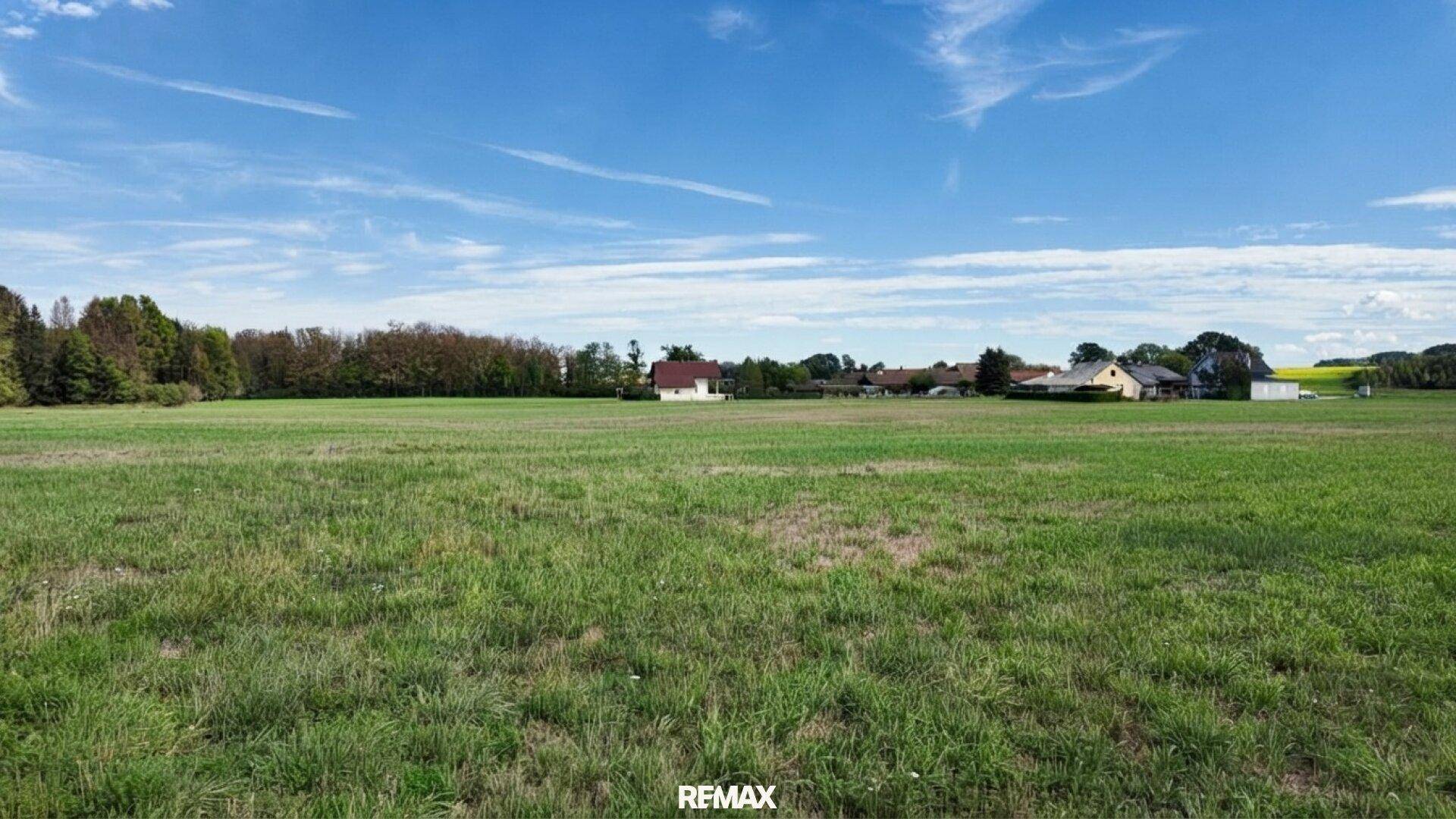 Großes, unverbautes Grundstück mit weitem Blick über grüne Felder und vereinzelte Häuser am Horizont.