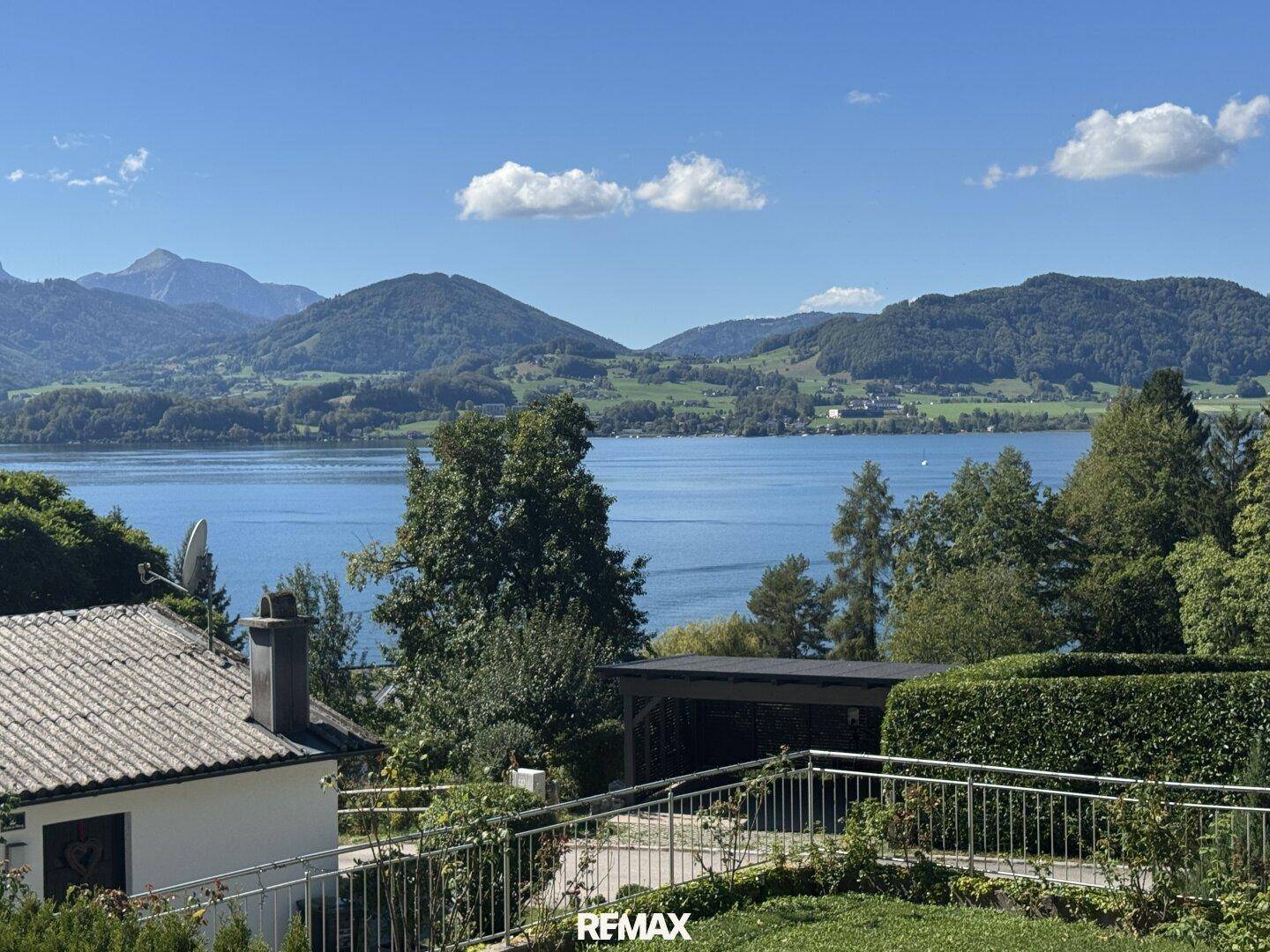 Panoramablick auf den glitzernden See und die grünen Hügel unter strahlend blauem Himmel.