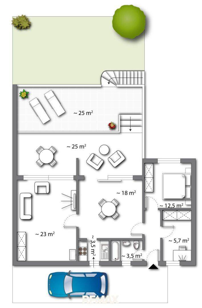 Detaillierter Grundriss des Erdgeschosses mit Wohnbereichen, Schlafzimmer und Terrasse.