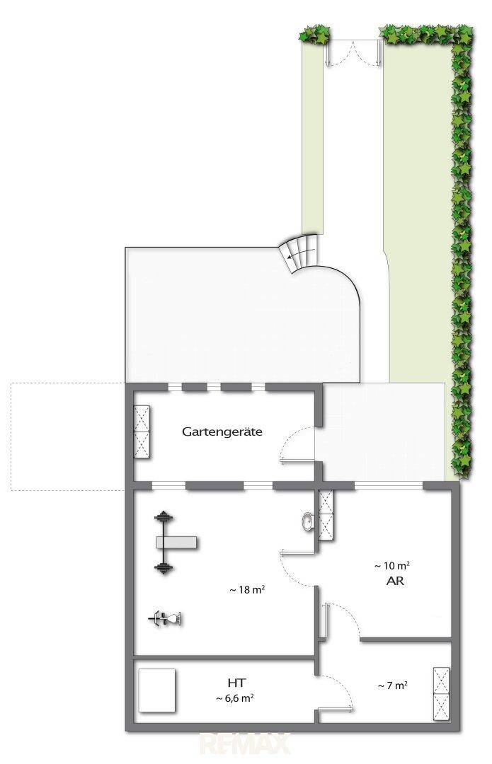 Grundriss des Untergeschosses mit Abstellräumen und einem Bereich für Gartengeräte.