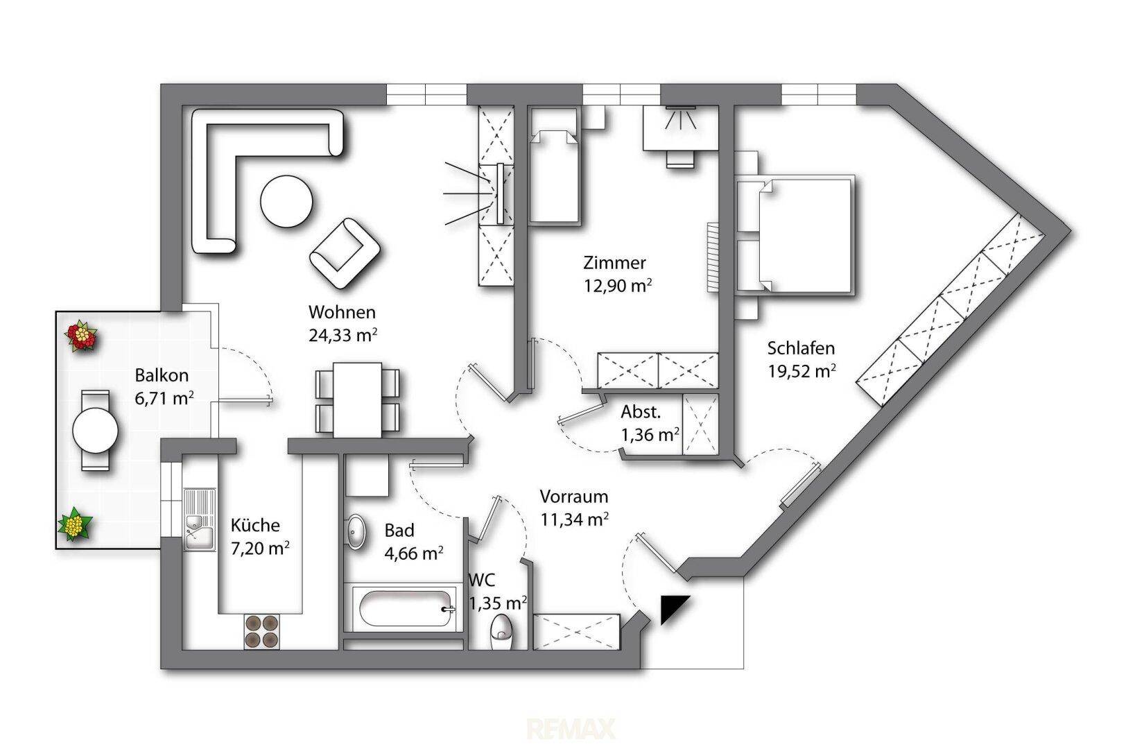 Grundriss einer Wohnung mit Wohnzimmer, Küche, zwei Schlafzimmern, Bad, separatem WC und Balkon.