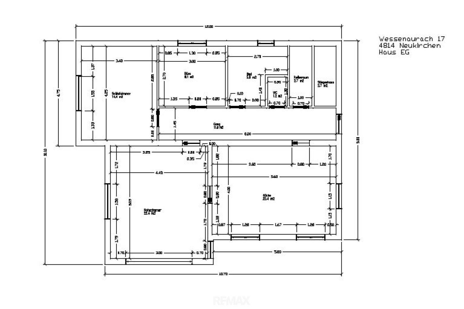 Grundriss des Erdgeschosses mit Wohnzimmer, Schlafzimmer, Bad, separatem WC und Abstellraum.